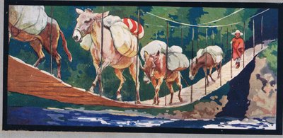 Esel tragen Vorräte über eine Hängebrücke, Illustration aus 
