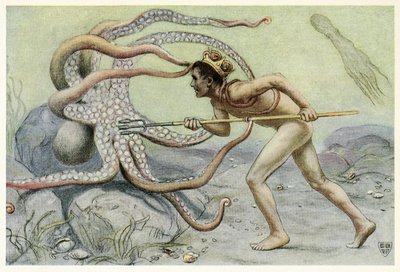 Er war sehr mutig und stark und kämpfte mit dem großen Oktopus, aus The Great Sea Horse, veröffentlicht 1909 von John Elliot