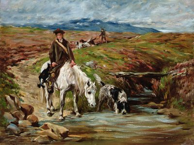 Pferd und Spaniel trinken aus einem Bach von John Emms