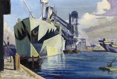 Dock Kanada in Liverpool, mit einem verankerten Kriegsschiff, bemalt mit bunter Tarnung von John Everett