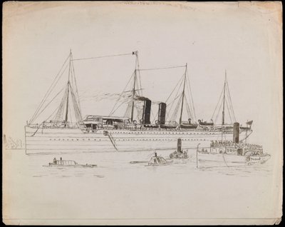 PAH1225; Dampfschiff in Küstennähe mit Schlepper daneben. Passagierschiff mit Schlepper und Raddampfer Tilbury in der Nähe von John Everett