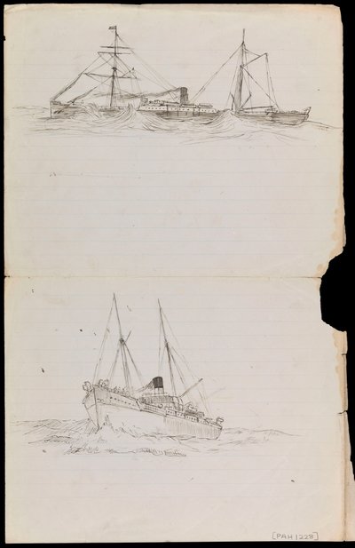 Skizzen eines Schlachtschiffs und zweier anderer Schiffe der Royal Navy von John Everett