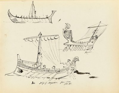 Skizzen früher Schiffe, darunter ein römisches Segel- und Ruderboot und das Schiff des Odysseus, 500 v. Chr. (von einer Vase), frühes 20. Jahrhundert von John Everett