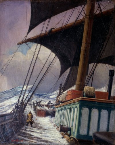 Die Manöver der Segel während des Sturms, während einer Reise von Bristol nach Sabine Pass, Texas (Vereinigte Staaten), zwischen April und Juni 1920 von John Everett