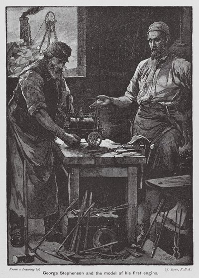 George Stephenson und das Modell seiner ersten Lokomotive von John Eyre