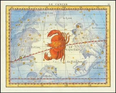 1776 Karte des Sternbilds Krebs und benachbarter Sternbilder, aus Fortins Atlas Celeste de Flamsteed von John Flamsteed