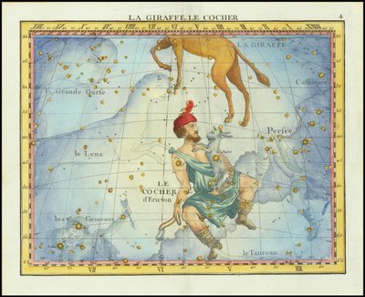 1776 Sternkarte der Sternbilder Camelopardal & Auriga und benachbarte Sternbilder, aus Fortins Atlas Celeste de Flamsteed von John Flamsteed