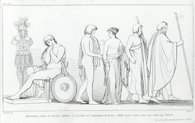 Agamemnon beauftragte die Herolde Taltibius und Euribat mit der Entführung von Briseis; Achilles ließ sie von Patroklos übergeben. Zeichnung von John Flaxman (1755 - 1826). Homers Ilias. Gesang I von John Flaxman