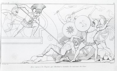 Ajax wehrt die Trojaner ab, die versuchen, die griechischen Schiffe zu verbrennen. Zeichnung von John Flaxman (1755 - 1826). Homers Ilias. Gesang XV. von John Flaxman