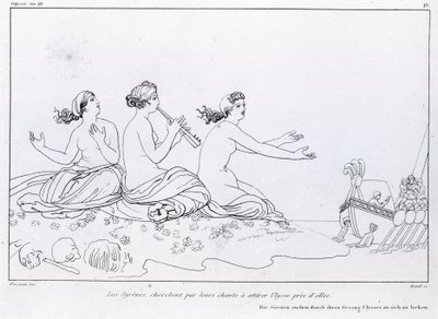 Sirenen versuchen mit ihrem Gesang, Odysseus anzulocken. Zeichnung von John Flaxman (1755 - 1826). Homers Odyssee. Lied XII. von John Flaxman