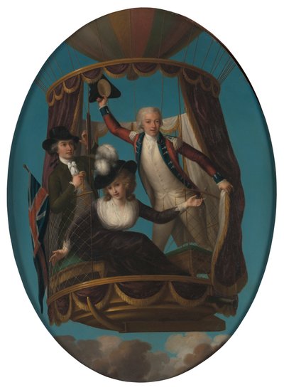 Kapitän Vincenzo Lunardi mit seinem Assistenten George Biggin und Mrs. Letitia Anne Sage in einem Ballon von John Francis Rigaud