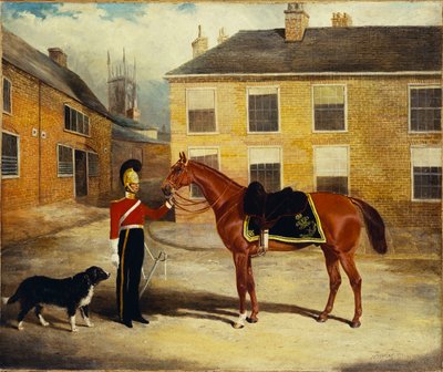 Ein Offizier der Dragonerwache, Karabiniers mit seinem Pferd im Kasernenhof, 1839 von John Frederick Herring Senior