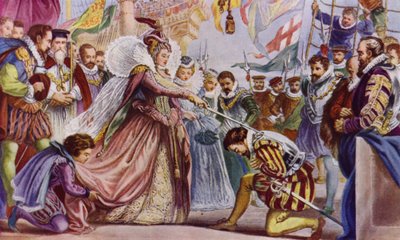 Königin Elisabeth I. schlägt Sir Francis Drake an Bord seines Schiffes, der Golden Hind, Deptford, 1581 zum Ritter von John Gilbert