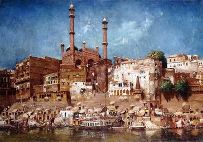 Eine Ansicht der Ghats mit der Moschee von Aurangzeb, Benares von John Gleich