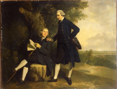 Doppelporträt von Thomas Somers Cocks und Richard Cocks von Castleditch, beide in voller Länge, der erste in einem blauen Mantel und Weste, der einen schwarzen Dreispitz hält, der zweite sitzt in einem blauen Mantel und Weste und hält ein Manuskript, in ei von John Hamilton Mortimer
