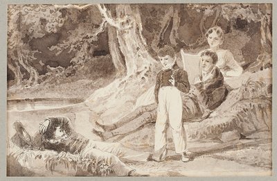 Vier Figuren unter den Bäumen an einem heißen Tag, 1807 von John Harden