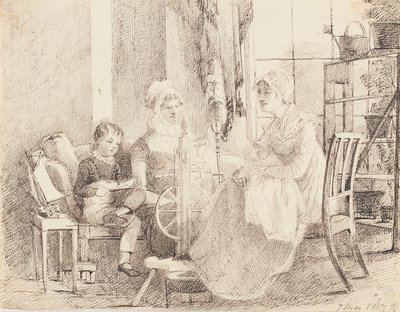 Frauen am Spinnrad und ein Junge mit einem Spielzeugboot, 1807 von John Harden