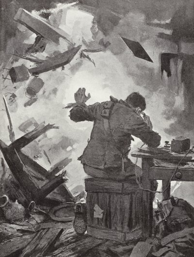 Bombardier W H French beendet seine Nachricht, nachdem eine Granate durch den Raum gekommen war, in dem er telefonierte, Helpegarde, Erster Weltkrieg von John Harris Valda