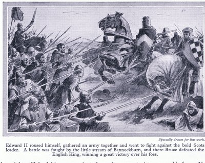 Edward II. sammelte eine Armee und kämpfte 1314 n. Chr. in der Schlacht von Bannockburn, wo Bruce die Engländer besiegte, ca. 1950 von John Harris Valda