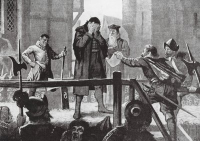 Griffenfeldts Begnadigung auf dem Schafott (Lithografie) von John Harris Valda