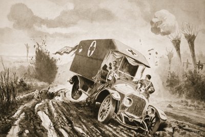 Private Adams geht den Verwundeten in einem Krankenwagen zur Hilfe, der in ein Granatloch gefahren war, während er unter Beschuss stand von John Harris Valda