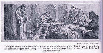 Die letzten Tage des ehrwürdigen Beda, das Evangelium des Johannes ins Englische übersetzend, 735 n. Chr., ca. 1950 von John Harris Valda