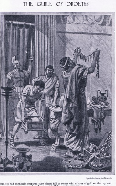 Die List des Oroetes: acht Truhen mit Steinen und einer Schicht Gold obenauf, dem Boten von Polykrates gezeigt, ca. 1950 von John Harris Valda