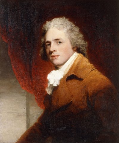 Porträt eines Gentlemans, Halbfigur, in einem braunen und weißen Halstuch, ein roter Vorhang dahinter von John Hoppner