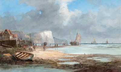 Meereslandschaft mit Fischerbooten und einem Haus von John James Wilson