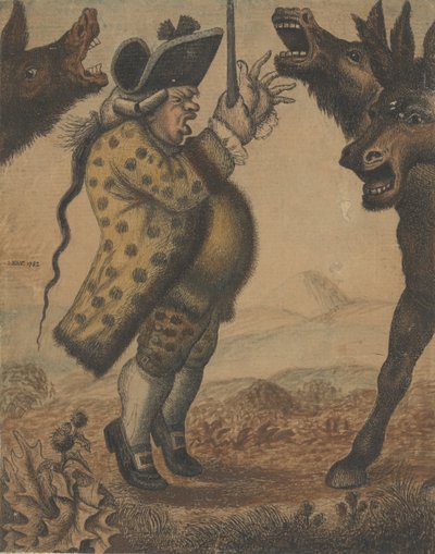 Mr. Alexander Campbell, Organist, dirigiert drei schreiende Esel, 1782 von John Kay