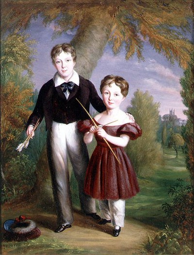Doppelporträt von zwei Jungen mit Pfeil und Bogen von John King