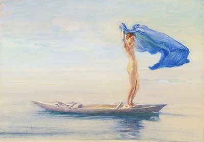 Mädchen im Bug eines Kanus, das ihr Lendentuch als Segel ausbreitet, Samoa, ca. 1895-96 von John La Farge or Lafarge
