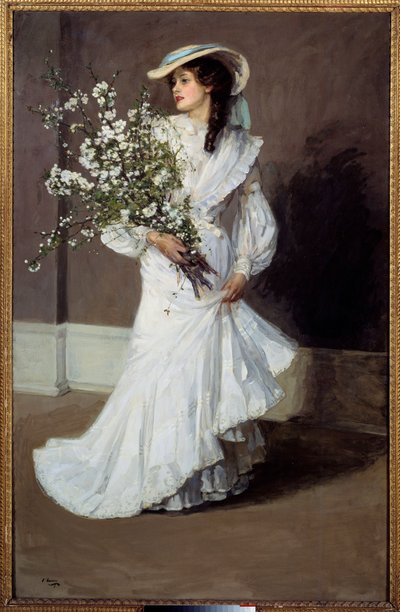 Frühling. Allegorie des Frühlings: Porträt einer Frau in Weiß mit einem Blumenstrauß von John Lavery