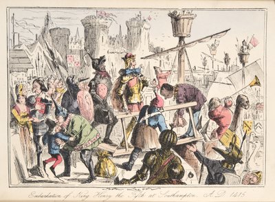 Einschiffung von Heinrich V. in Southampton, AD 1415, aus The Comic History of England, veröffentlicht 1864 (handkolorierte Radierung) von John Leech
