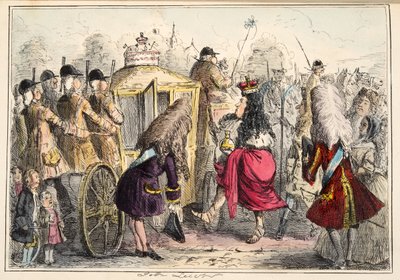 Georgey Porgey der Erste geht in seiner Staatskutsche spazieren, aus The Comic History of England, veröffentlicht 1864 (handkolorierte Radierung) von John Leech