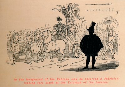 Im Vordergrund des Tableaus ist ein Patrizier zu sehen, der sehr schwarz auf den Triumph schaut von John Leech
