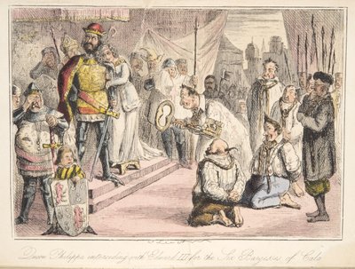 Königin Philippa bittet Eduard III. für die sechs Bürger von Calais, aus The Comic History of England, veröffentlicht 1864 (handkolorierte Radierung) von John Leech