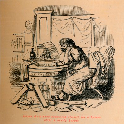 Scipio Aemilianus bereitet sich nach einem herzhaften Abendessen auf eine Rede vor, 1852 von John Leech