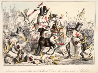 Schrecklicher Kampf zwischen Richard Löwenherz und Saladin, aus The Comic History of England, veröffentlicht 1864 (handkolorierte Radierung) von John Leech