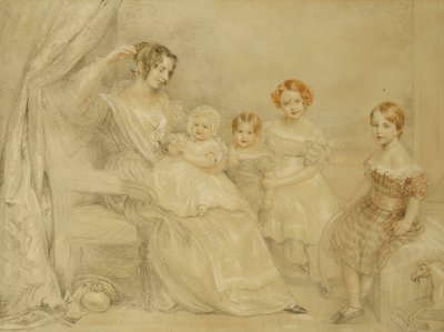 Porträt von Mrs. W.S. Fry und ihren vier Kindern: Emma, Willy, Julie und Georgina, sitzend in einem Innenraum, 1840 von John Linnell