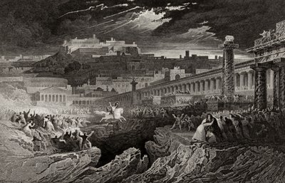 Marcus Curtius reitet in den Abgrund, graviert von H. Le Keux von John Martin
