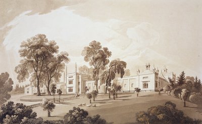 Ansicht des Bauernhauses mit Sichtschutz zu den Ställen und Farmgebäuden des Sezincote House, graviert von Frederick Christian Lewis Snr., ca. 1817-18 von John Martin