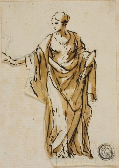 Stehende weibliche Figur mit erhobener rechter Hand von John Michael Rysbrack