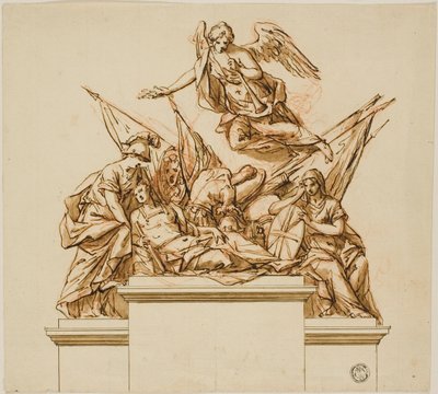 Krieger begleitet von Britannia, Minerva und Ruhm (recto); Entwurf für das Denkmal für Nicholas Rowe (verso) von John Michael Rysbrack