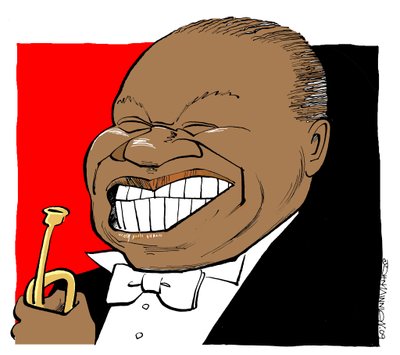 Louis Armstrong - Karikatur, spielt seine Trompete von John Minnion