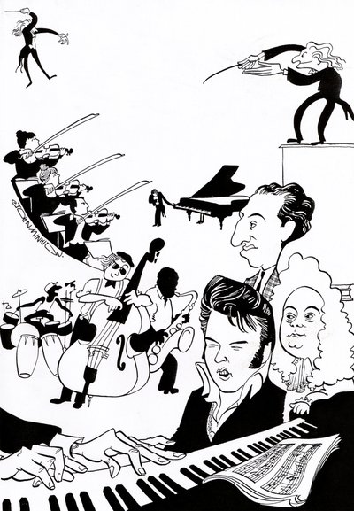 Musik Fantasie - Cover für Musikbuch oder Artikel - mit Dirigenten, Musikern, Instrumenten, Violine, Schlagzeug, Kontrabass, Saxophon, Klavier, Partitur, Elvis, Bach von John Minnion
