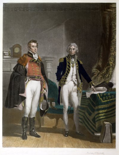 Ein Treffen zwischen Generalmajor Sir Arthur Wellesley und Vizeadmiral Horatio Nelson, September 1805, graviert von Samuel William Reynolds (1794-1872), veröffentlicht von A.J. Isaacs von John Prescott (after) Knight