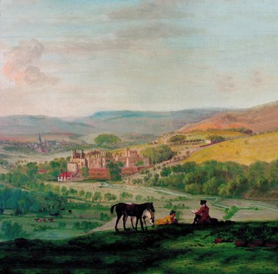 Eine Ansicht von Haddon Hall im 18. Jahrhundert mit dem Dorf Bakewell im Hintergrund von John Raphael Smith