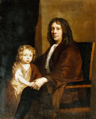 Porträt von Thomas Rowe und seinem Sohn, sitzend, dreiviertel Länge, der Erstere in einem braunen Gewand, der Letztere in einem braunen Kleid und Umhang von John Riley