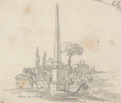 Ein Obelisk mit Dächern und Bäumen in der Ferne von John Robert Cozens